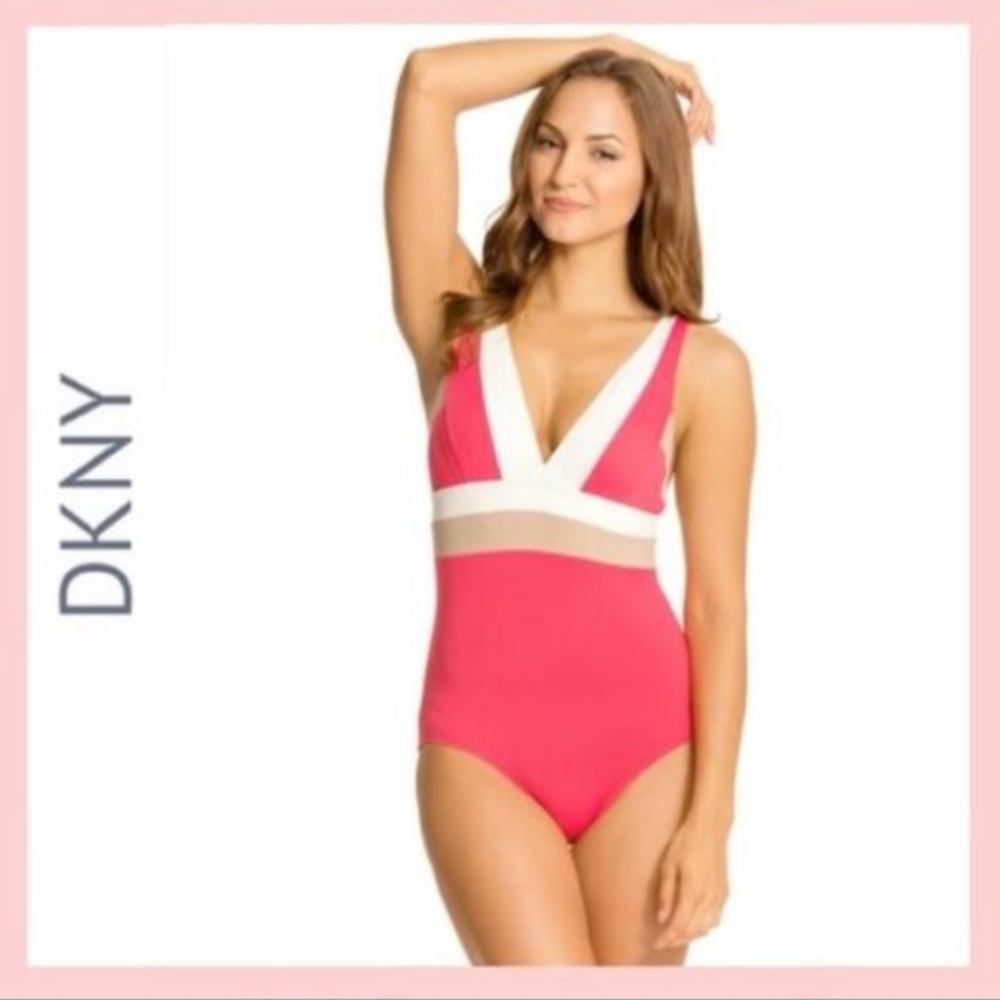 NWT DKNY [SZ 6 ] Colorblock V Neck Maillot One Piece Swimsuit‎ Coral - Picture 12 of 12